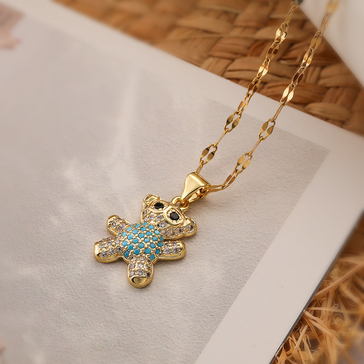 Cute Bear Pendant Necklace for Women in Copper with Real Gold Plating and Zircon Inlay, Minimalist Style Locket Chain
