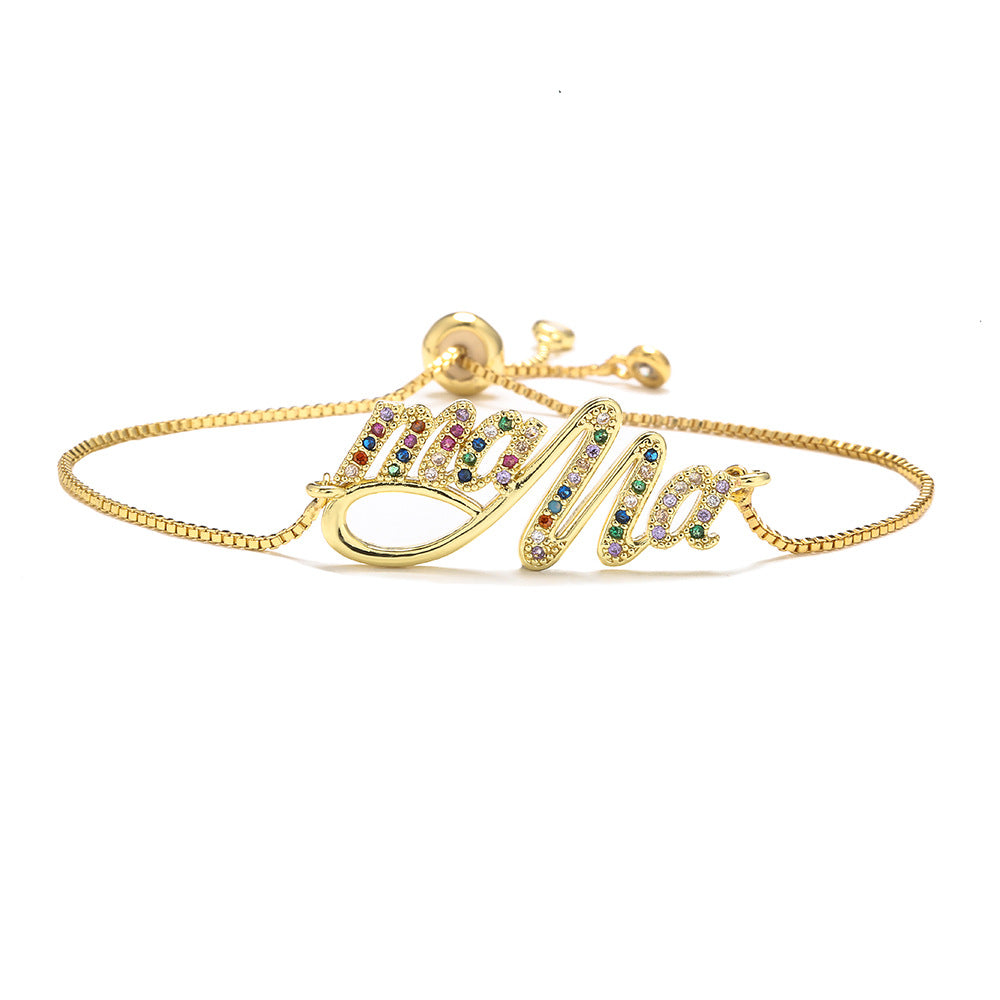 Geometric Letter MAMA Gold Plated Brass Bracelet with Cubic Zirconia for Women