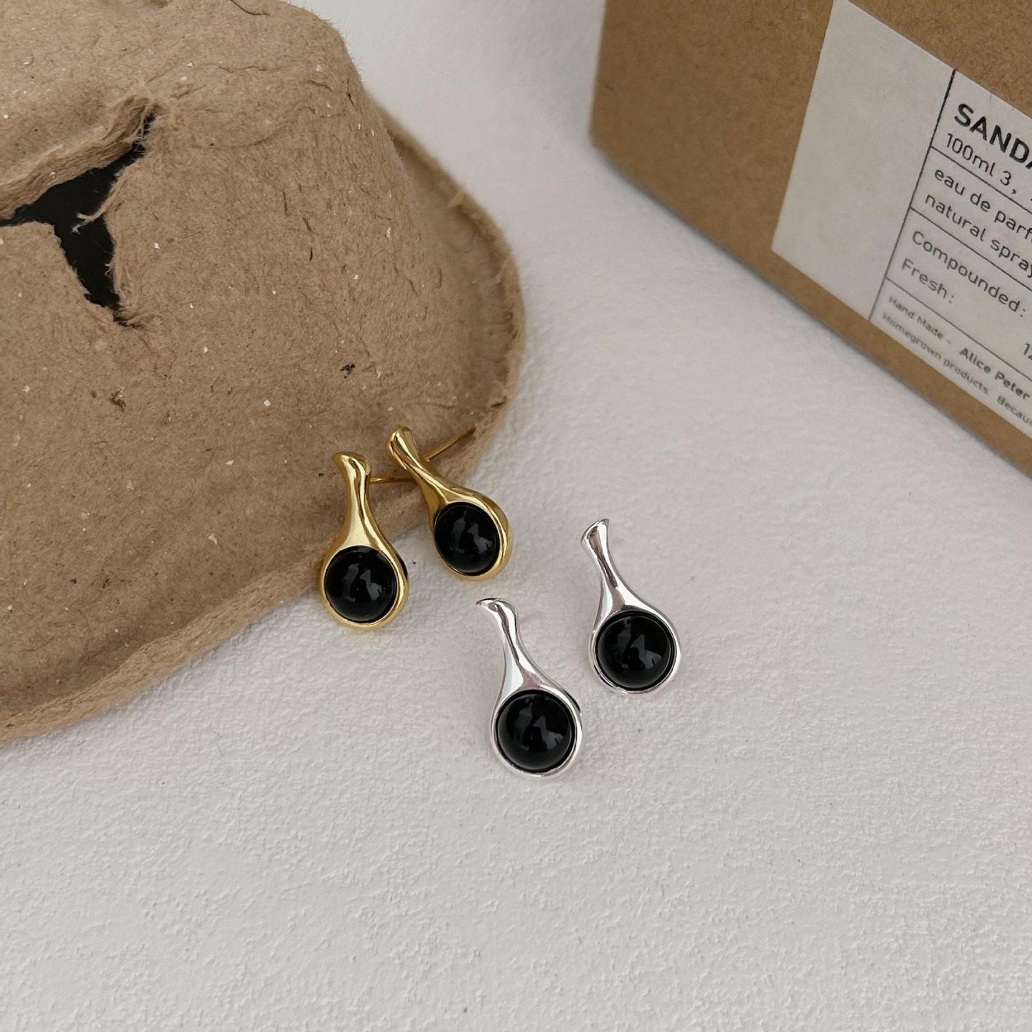 Minimalist Geometric Black Onyx Stud Earrings in 925 Sterling Silver with Gold Plating