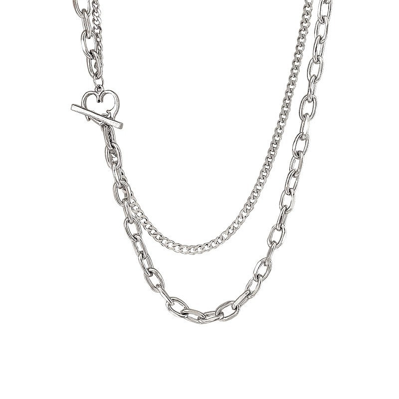 Collana Minimalista Unisex con Catena a O a Doppio Strato a Cuore in Acciaio al Titanio con Finitura Lucida