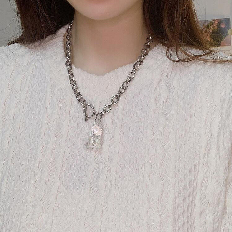 Originale Simpatico Orsetto Acciaio Inossidabile Placcato Collana Girocollo con Ciondolo Orsetto in Cristallo Trasparente Iridiscente