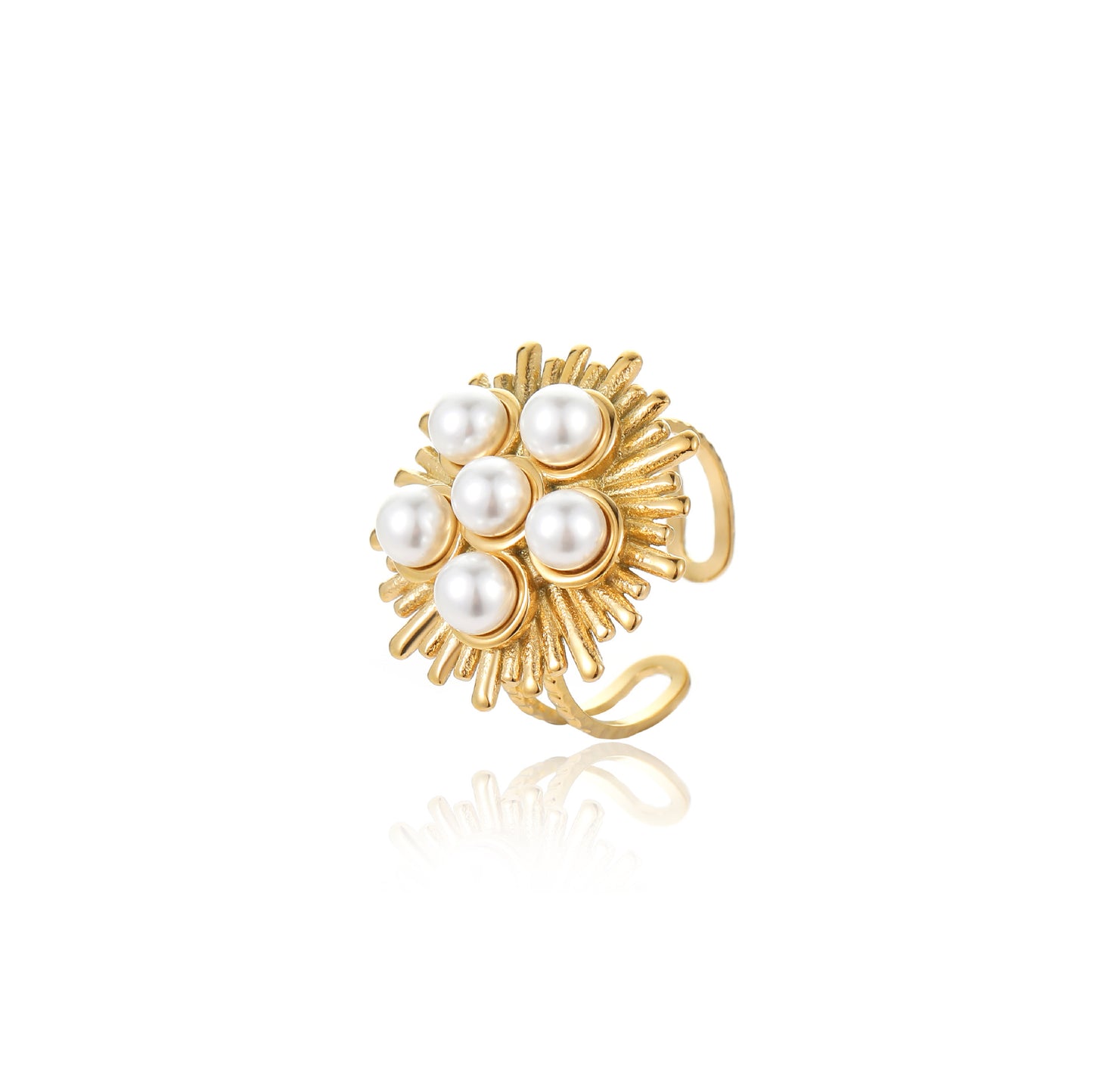 Anello Aperto a Linea Irregolare d'ispirazione Vintage con Accenti di Perle in Acciaio Inossidabile Placcato Oro 18K da Donna