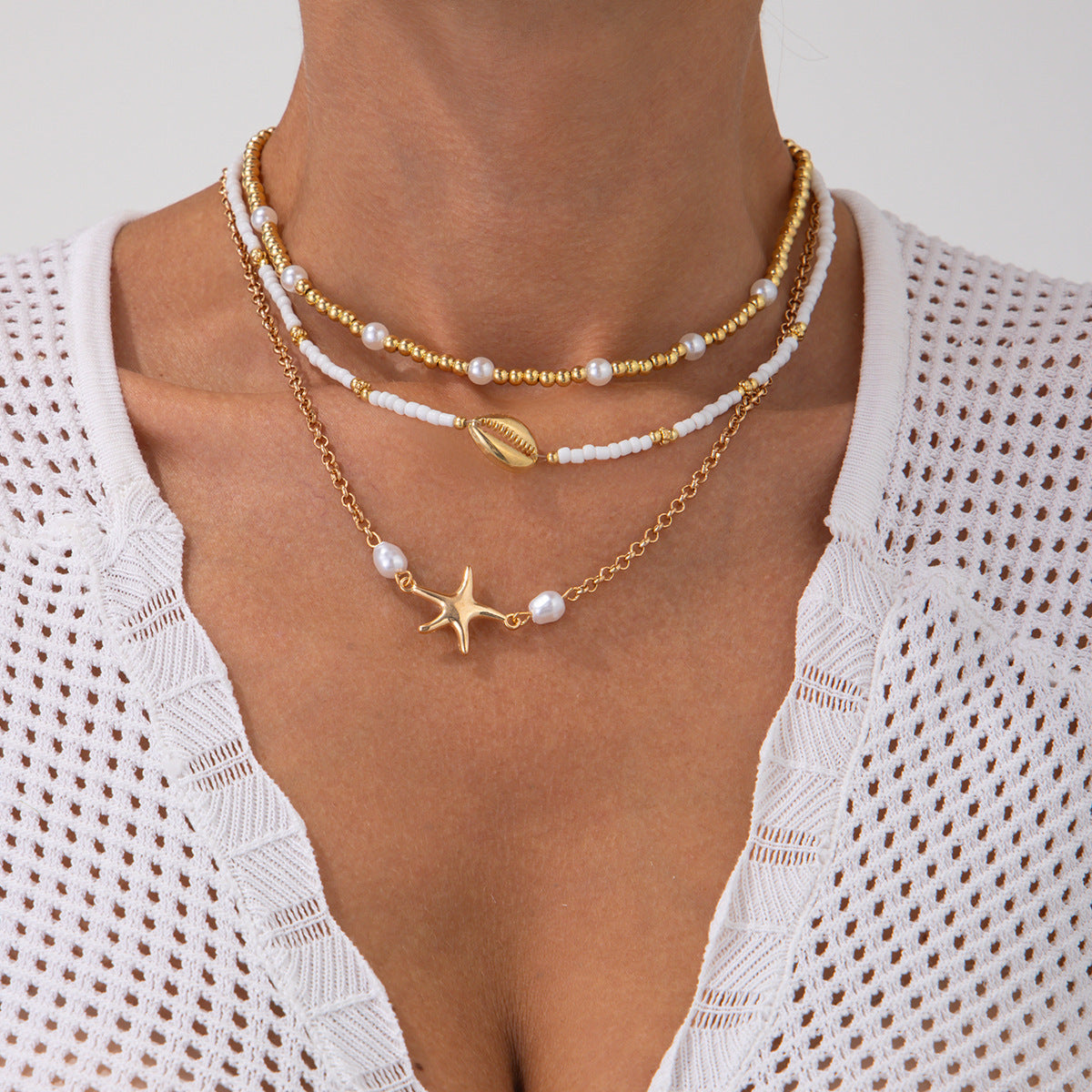 Collana Bohemien Floreale Placcata in Lega con Perle Imitazione e Intarsi in Conchiglia da Donna