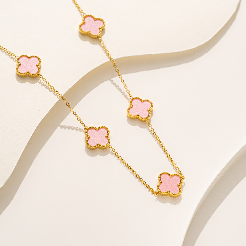 Collar de trébol de cuatro hojas de acero de titanio chapado en oro de 18 quilates de lujo de doble cara para mujer