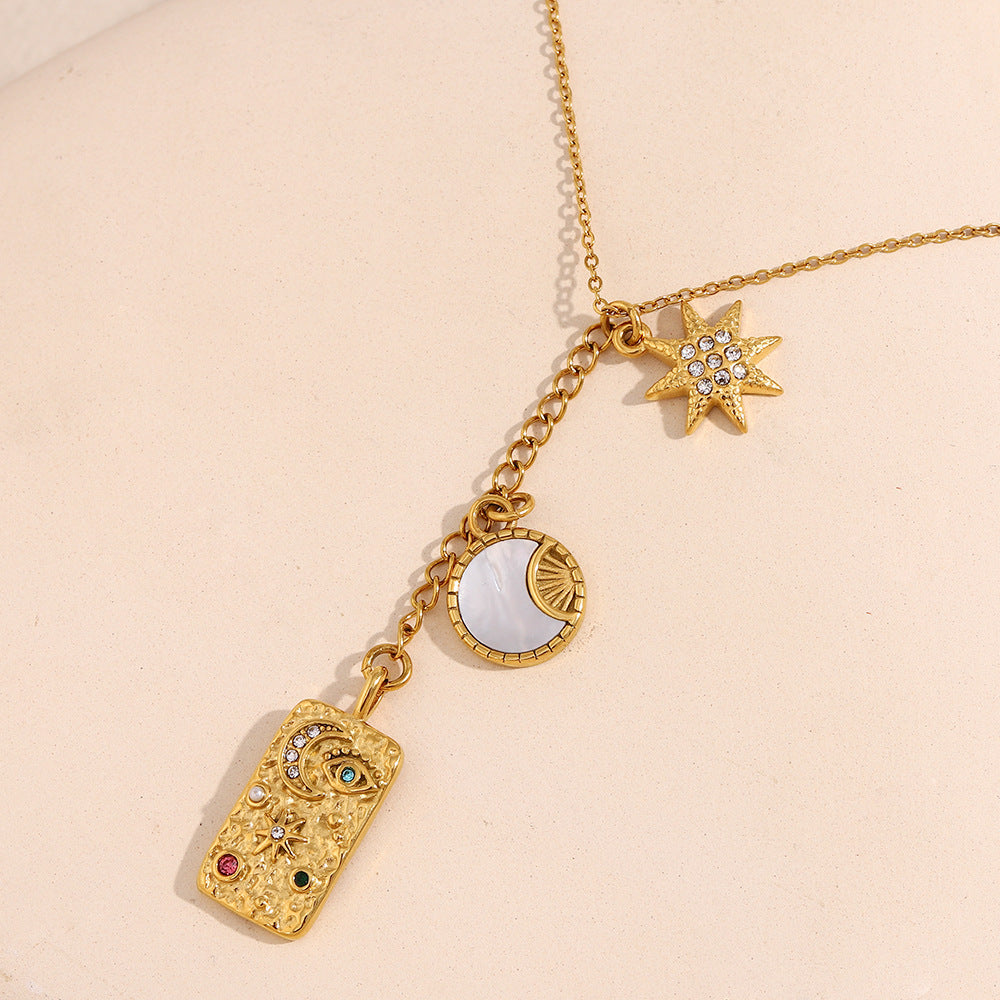Minimalist Geometric Stainless Steel Pendant Necklace with 18K Gold Plating and Tassel Detail for Women