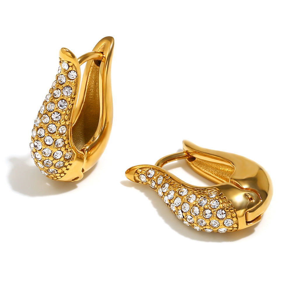 Fashionable Geometric U-Shaped Stainless Steel Earrings with 18K Gold Plating and Full Rhinestone Accents for Women