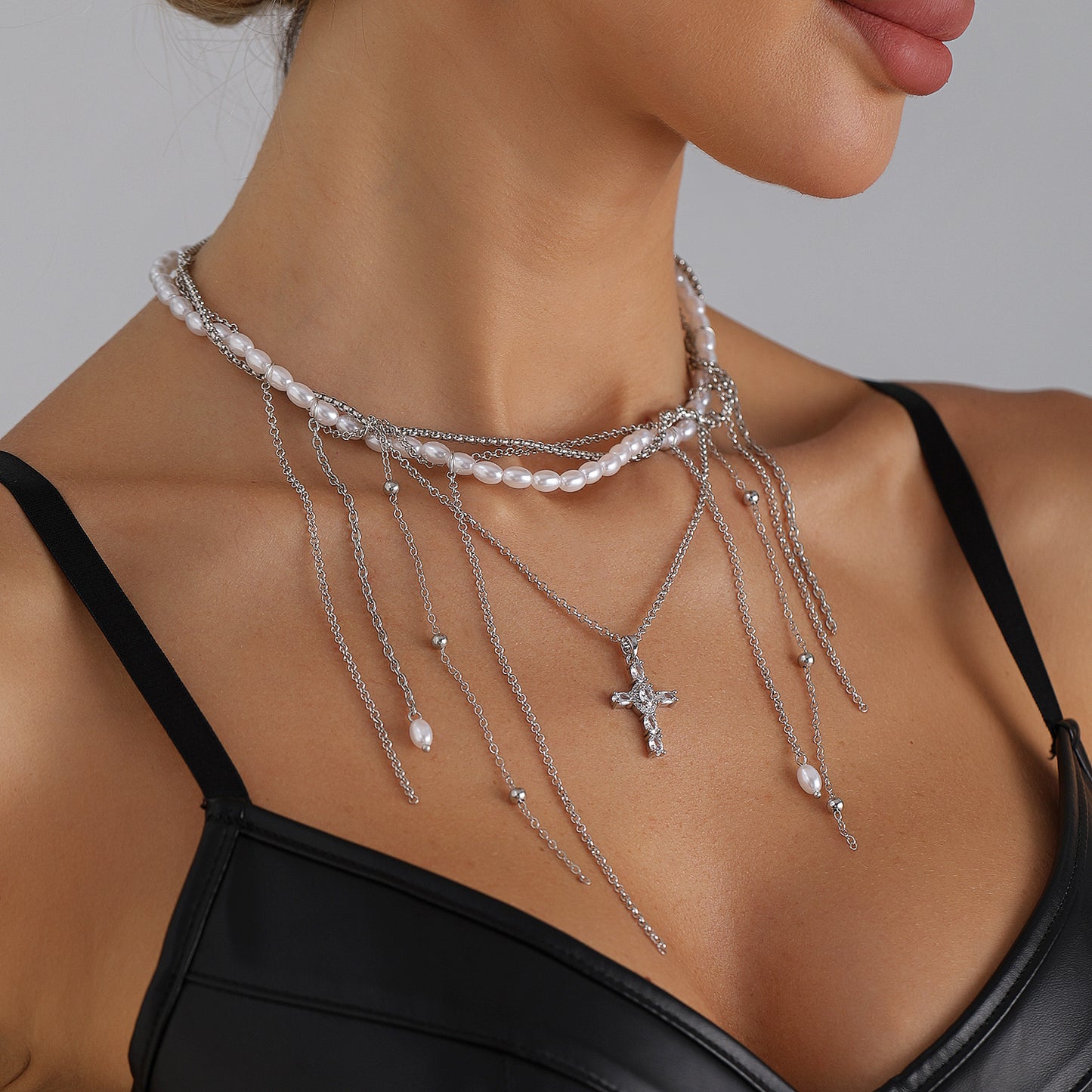 Elegant Geometric Cross Alloy Plated Pendant Necklace with Tassel and Baroque Pearl for Women