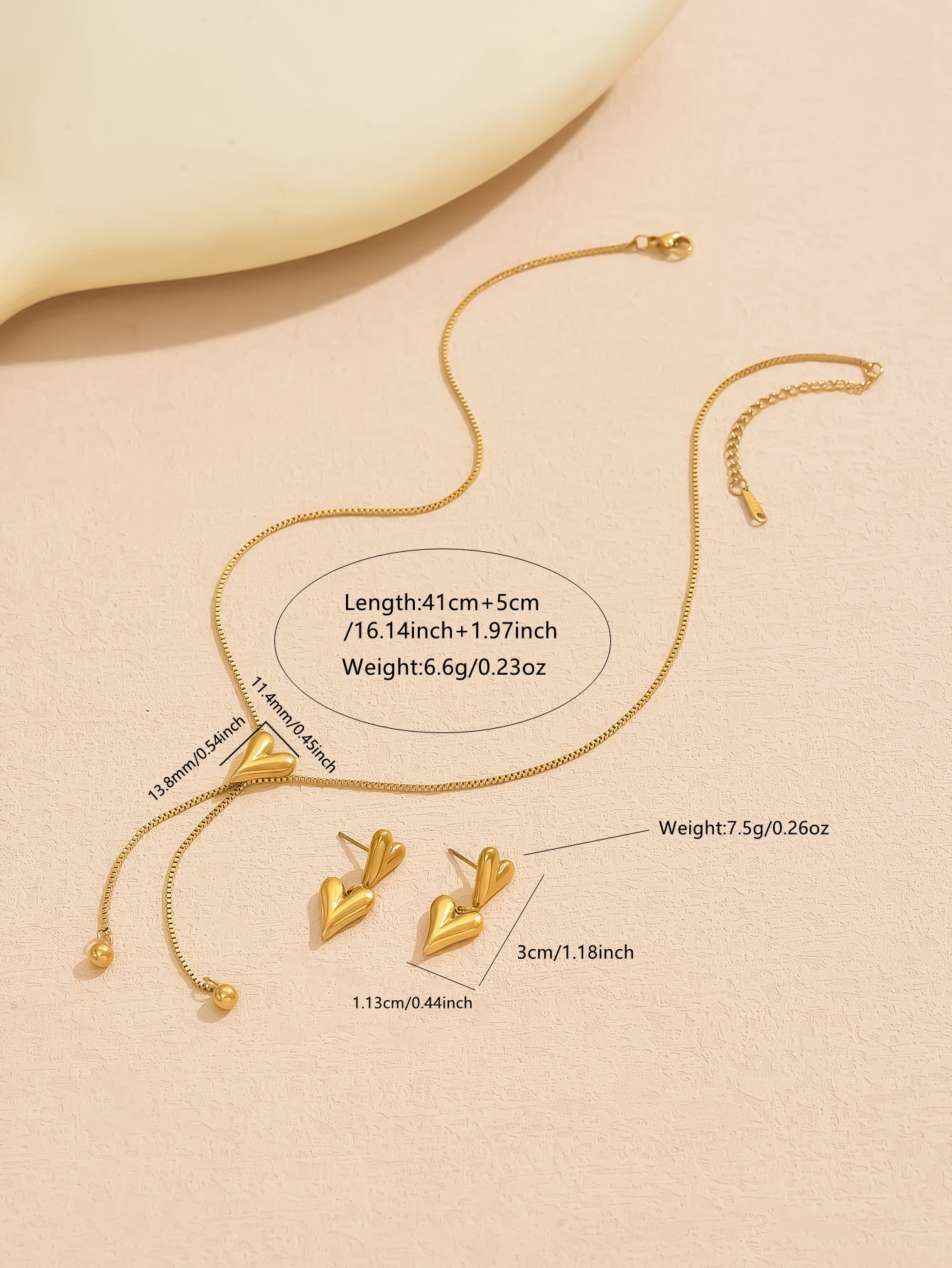 Elegante Conjunto de Collar y Pendientes de Acero Inoxidable con Baño de Oro de 18K con Colgante de Corazón y Lágrima para Mujer