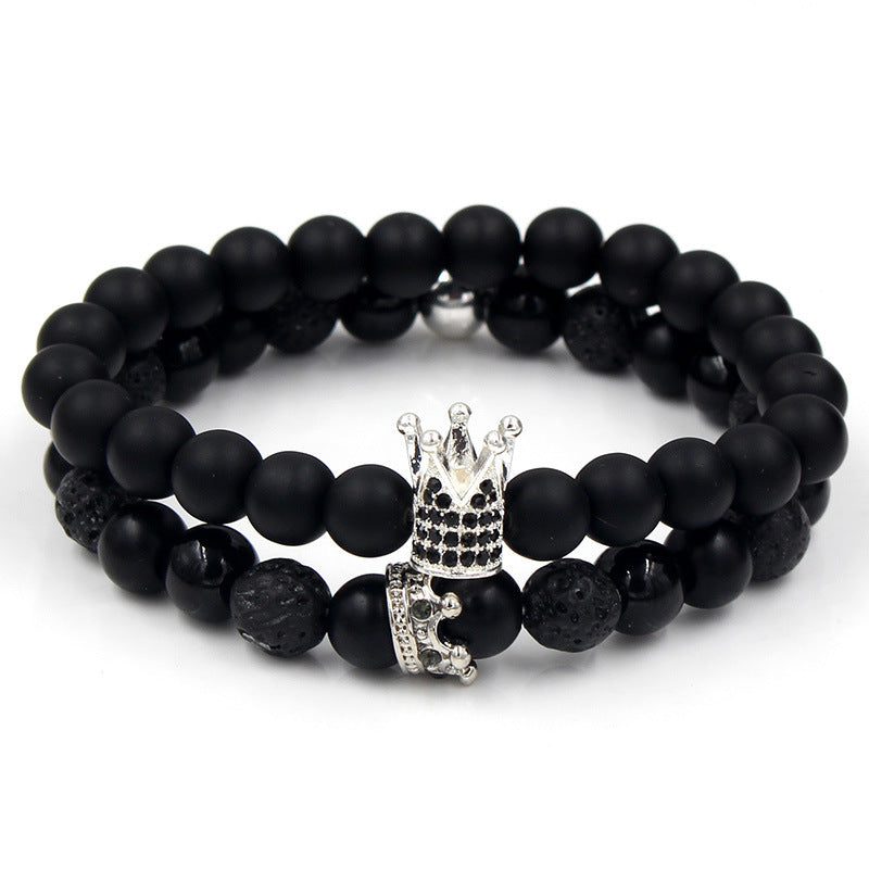 Punk Micro-pavé Cubic Zirconia Skull and Volcanic Stone Bead Bracelet for Unisex