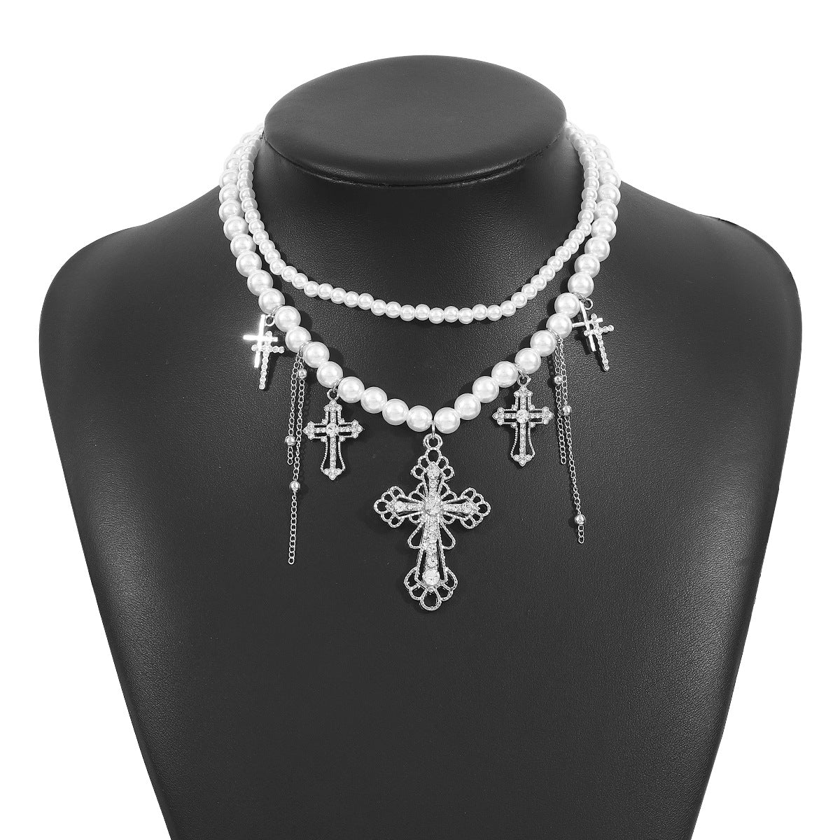 Collar minimalista de doble capa con imitación de perlas y colgante de cruz de forma geométrica, de aleación galvanizada, para mujer