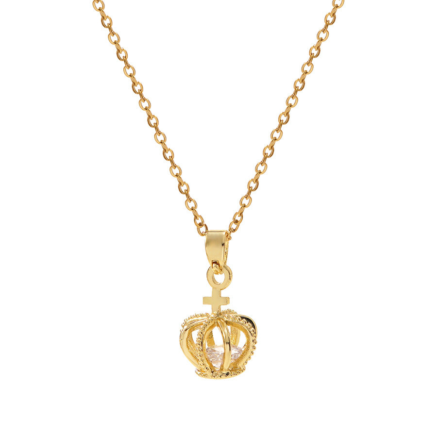 Gold Plated Stainless Steel Crown Necklace with Rhinestone for Women