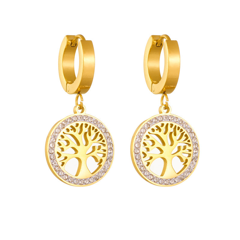 Pendientes Minimalistas Redondos Geométricos Árbol de la Vida Vintage de Acero de Titanio con Incrustaciones de Diamantes de Imitación para Mujer