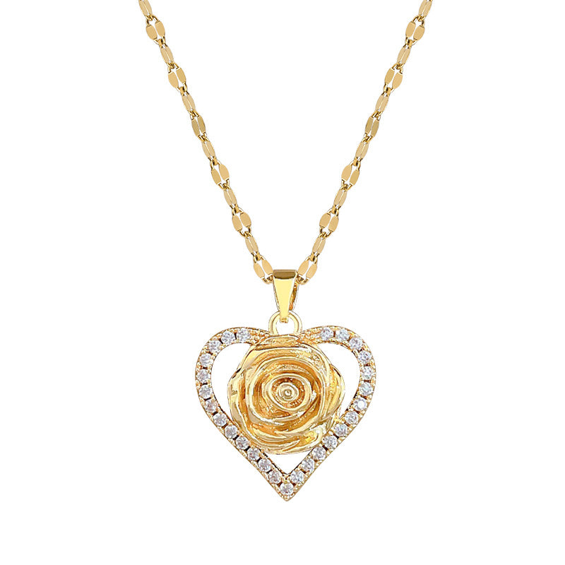 Sweet Elegant Heart Rose Cubic Zirconia Titanium Steel Necklace for Unisex