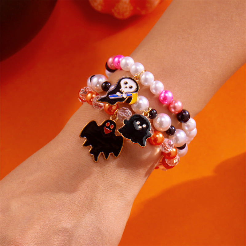 Pulsera elástica de calabaza y fantasma con temática de Halloween para mujer, con construcción de aleación, acabado galvanizado y diseño elástico, accesorio de moda informal