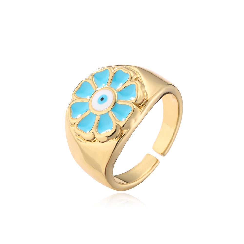 Bohemian Copper Ring with 18K Gold Plating and Enamel Floral Design for Women