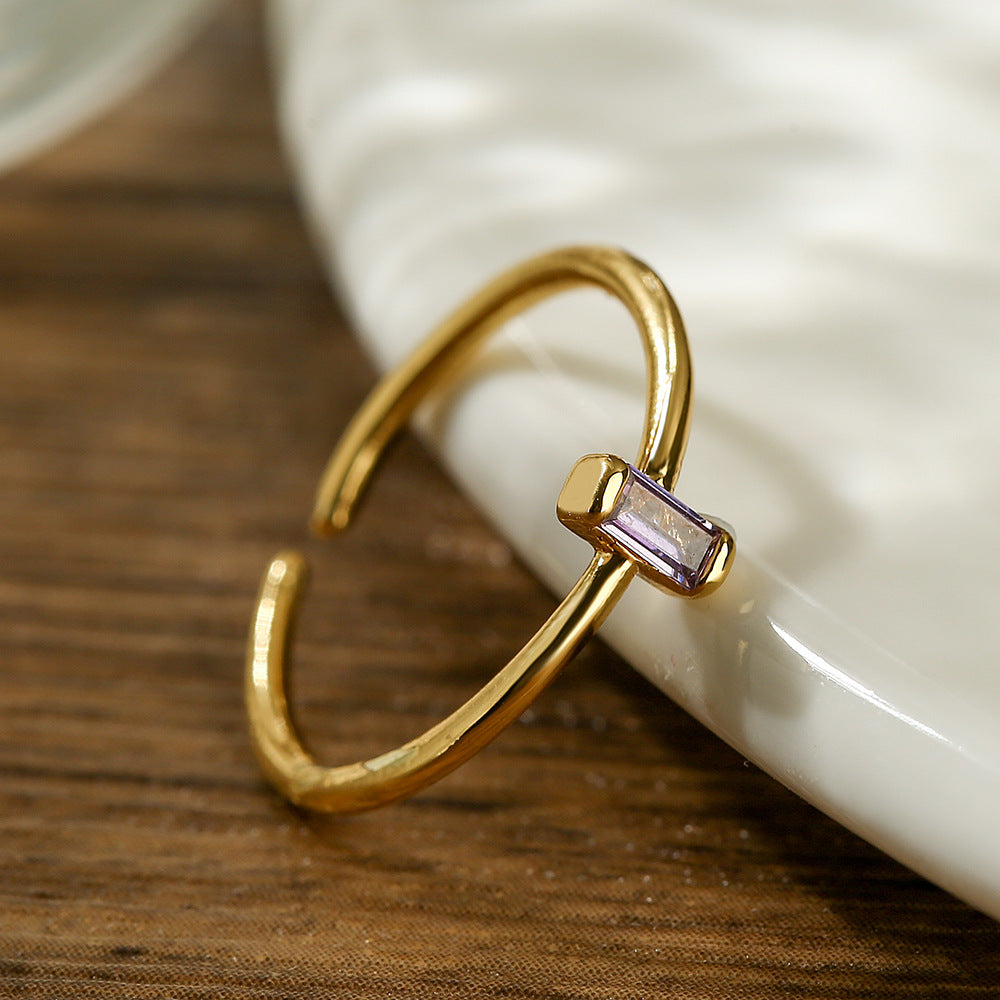 Anello minimalista rame geometrico stile francese con placcatura in oro vero e intarsio in zircone per donne, fascia regolabile e impilabile