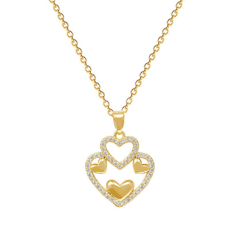 Sweet Minimalist Hollow Double-Layer Heart Rhinestone Titanium Steel Necklace for Unisex