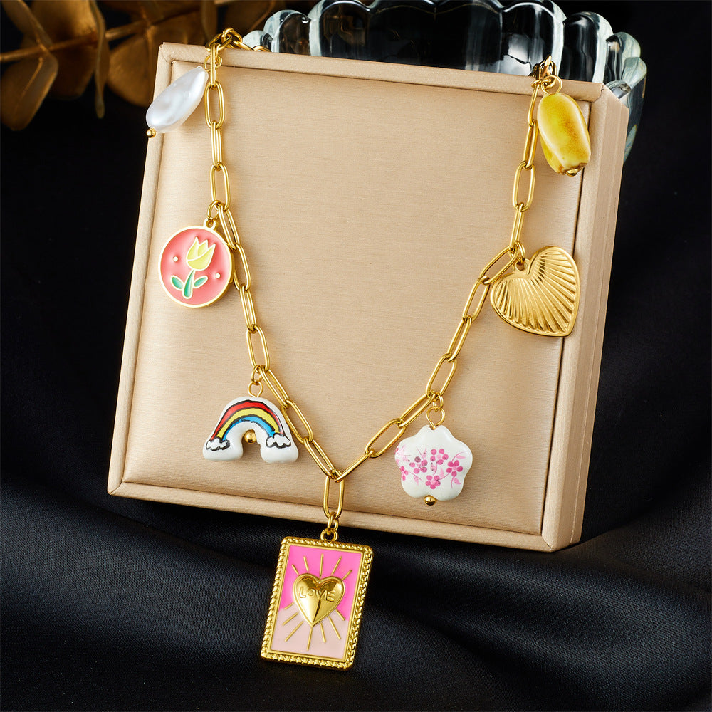Vintage Chic Gold Plated Stainless Steel Heart Floral Cross Square Pendant Necklace for Women