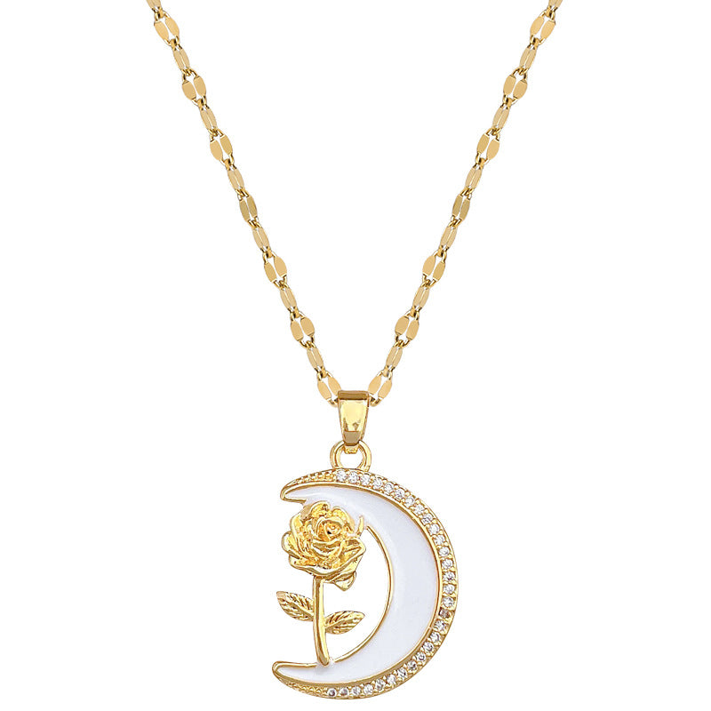 Collar con colgante floral minimalista de luna y rosa para mujer, cadena de acero inoxidable con diseño geométrico