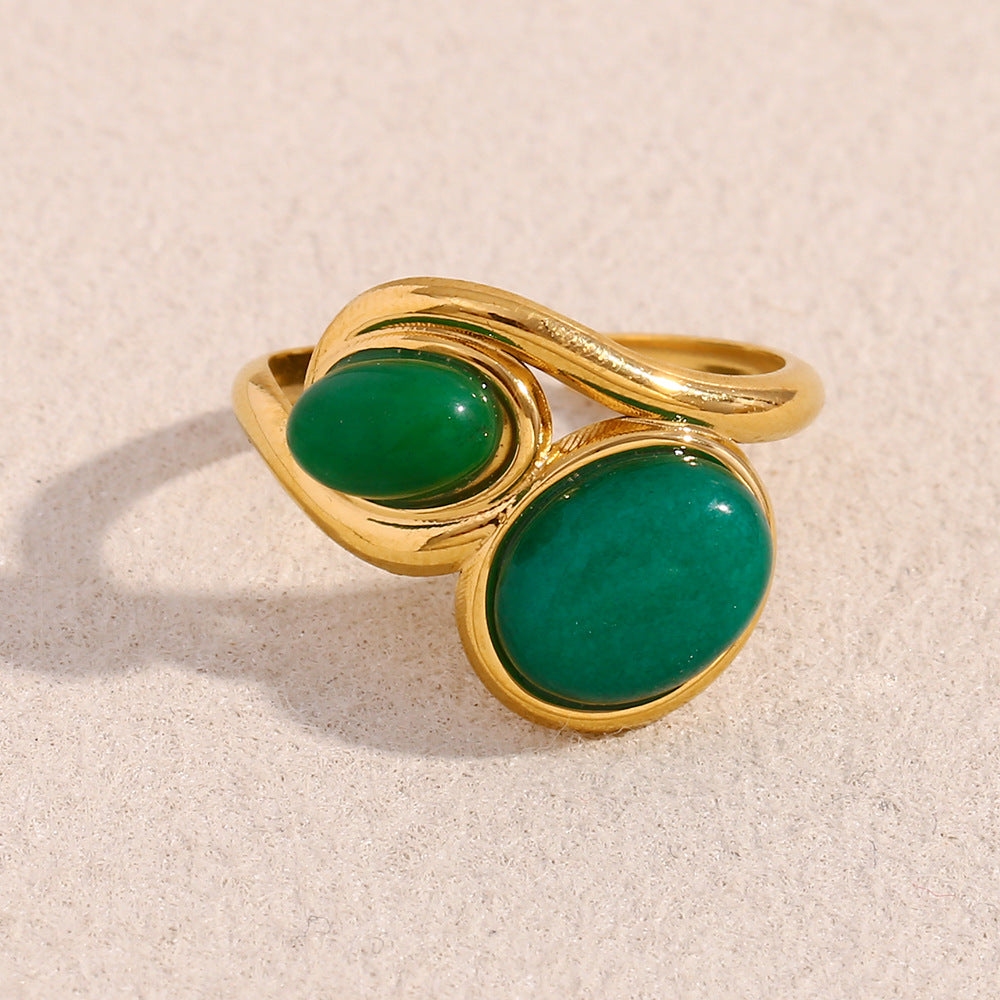 Vintage French Luxury Style Geometric Stainless Steel Ring with 18K Gold Plating and Two Green Gemstones for Women