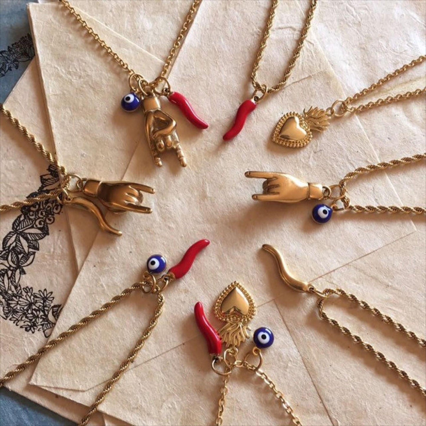 Vintage Geometric Evil Eye Horn Pendant Stainless Steel Necklace with Rope and Cable Chain PVD Plated for Women