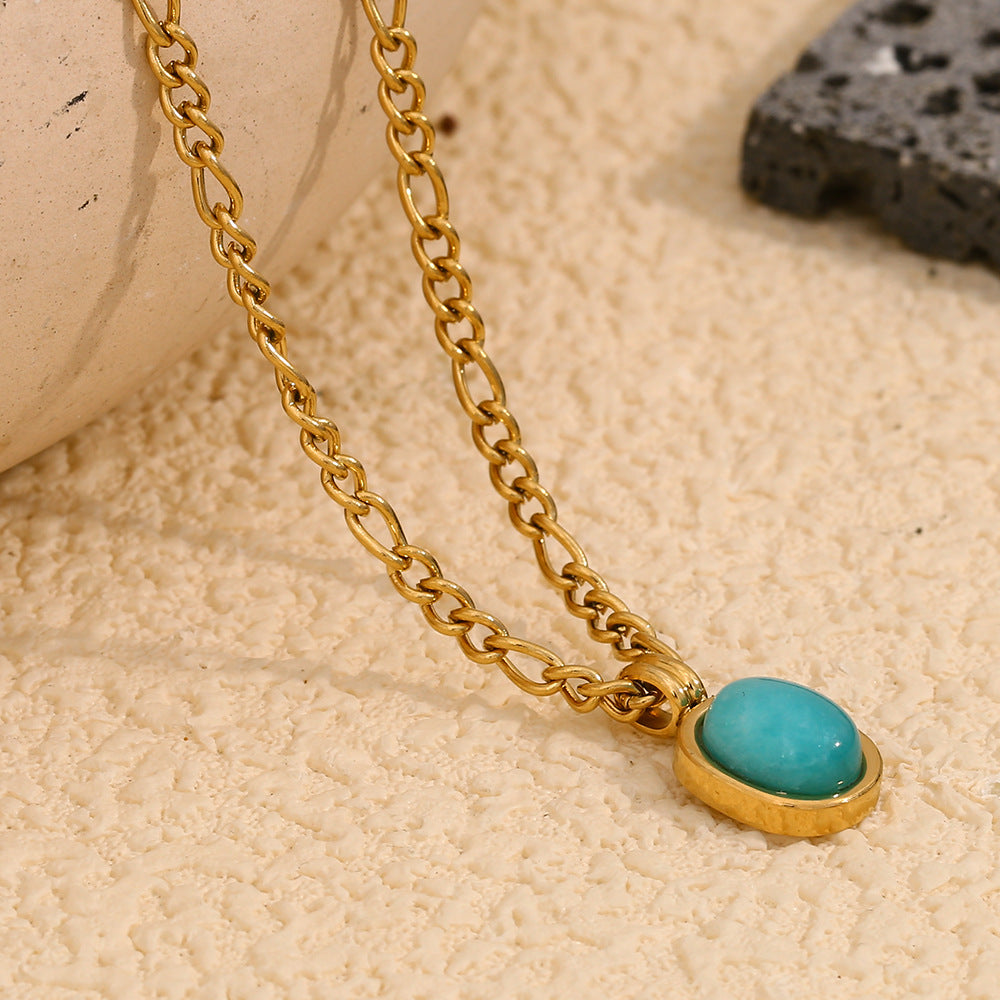 Minimalist Geometric Pendant Necklace for Women Stainless Steel with 18K Gold Plating and Turquoise Stone on Curved Chain