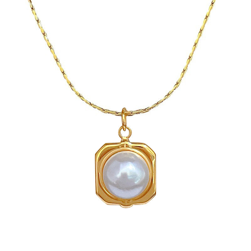 Minimalist Geometric Titanium Steel Pendant Necklace for Women and Men with Gold Plating and Pearl Accent, Clavicle Chain Style