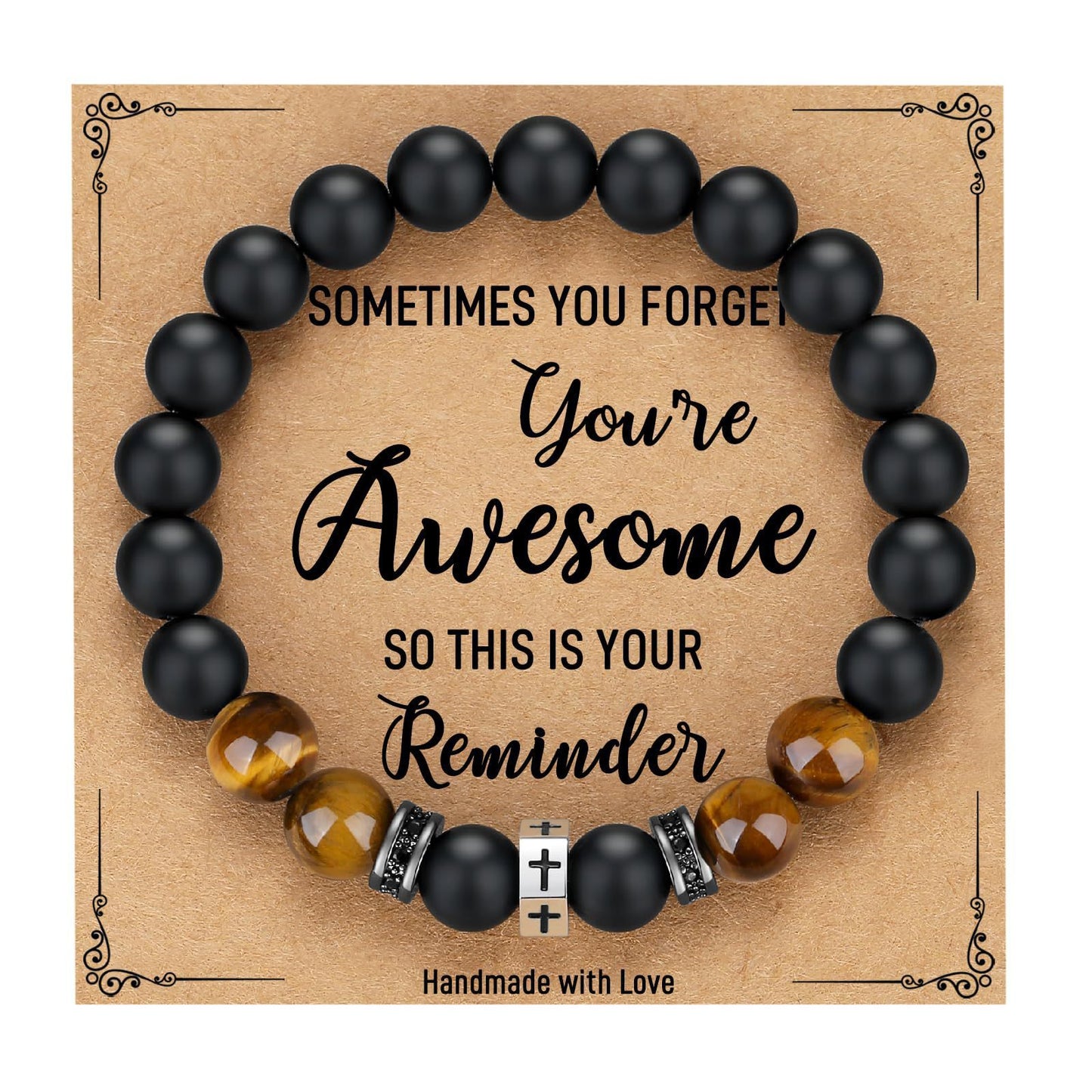 Matte Geometric Cross Tiger Eye Beaded Bracelet Stainless Steel Elastic Bangle