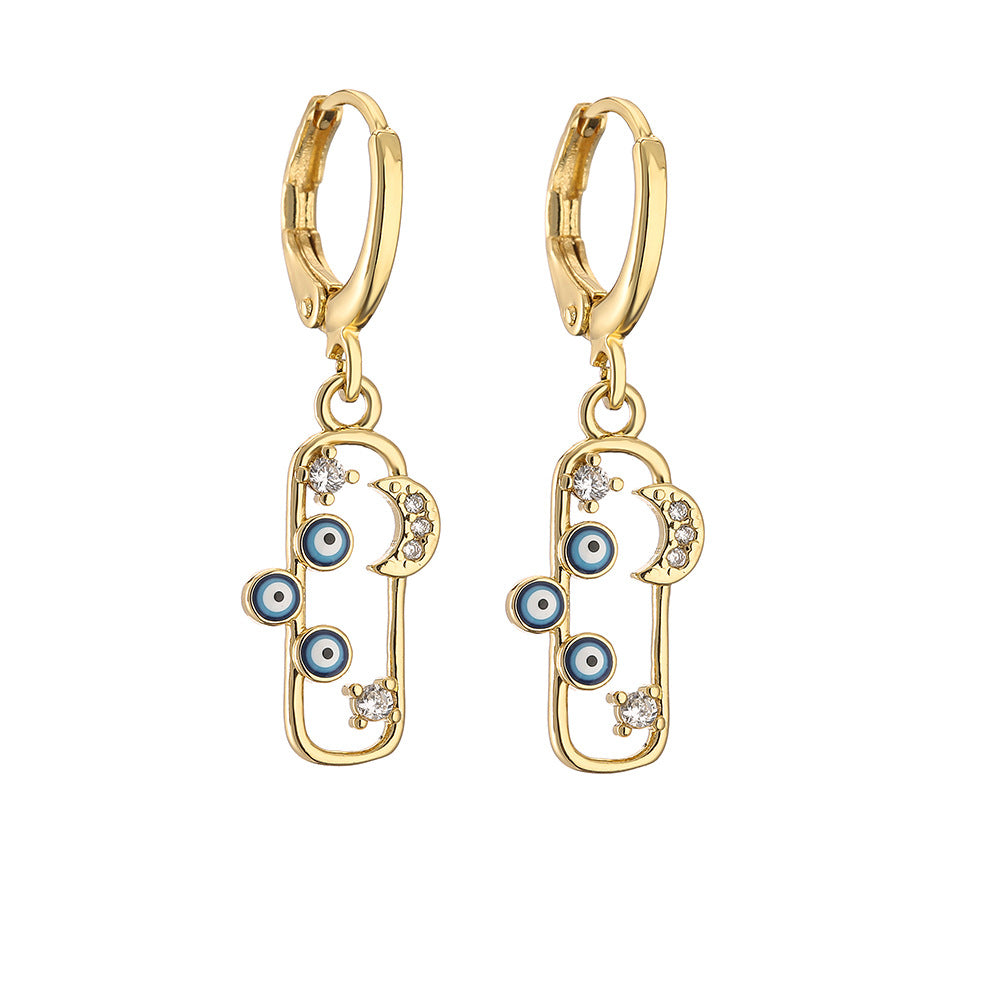 Geometric Star Moon Eye Earrings in Copper with Real Gold Plating and Zircon Inlay