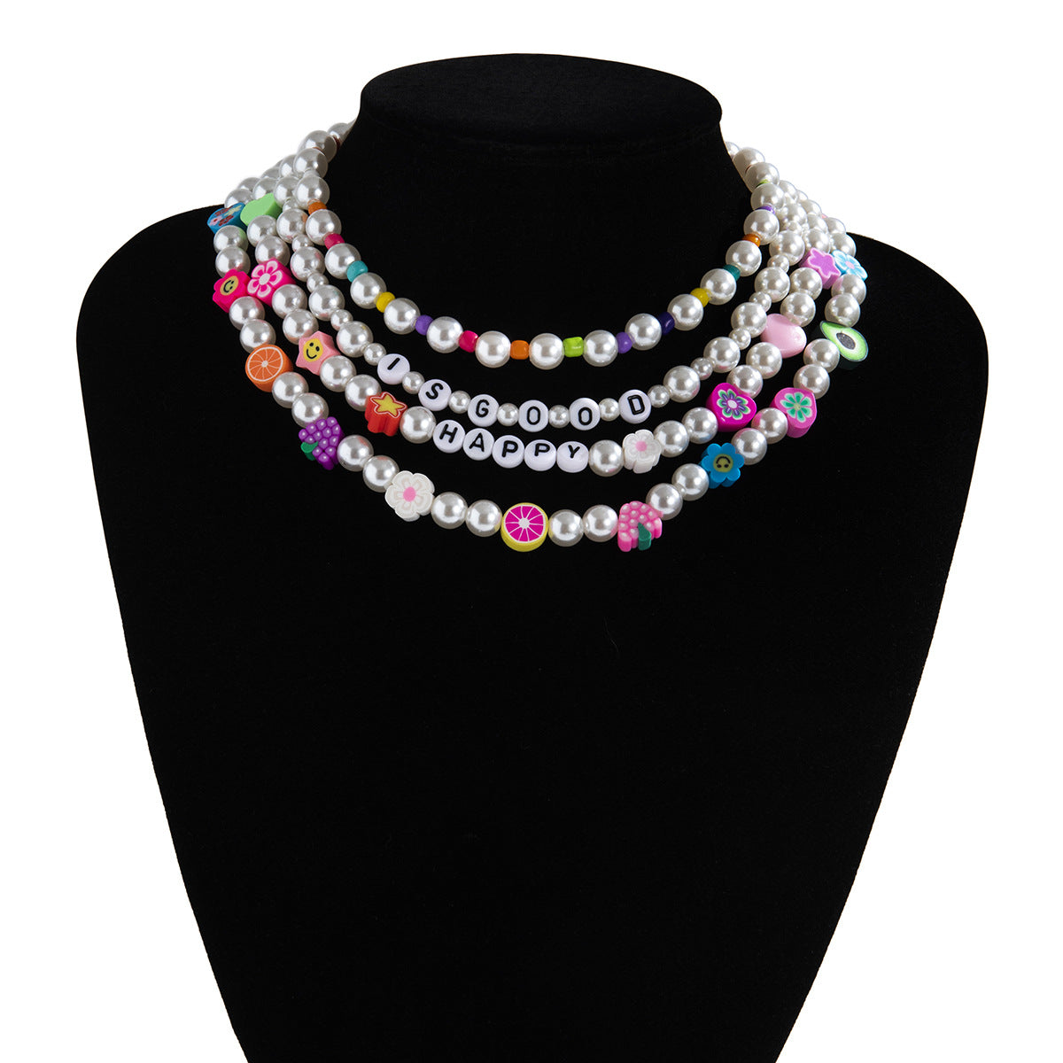 Minimalist Fruit and Floral Woven Multi-Layer Necklace for Women with Resin Pearls and Geometric Accents in Round Bead Chain
