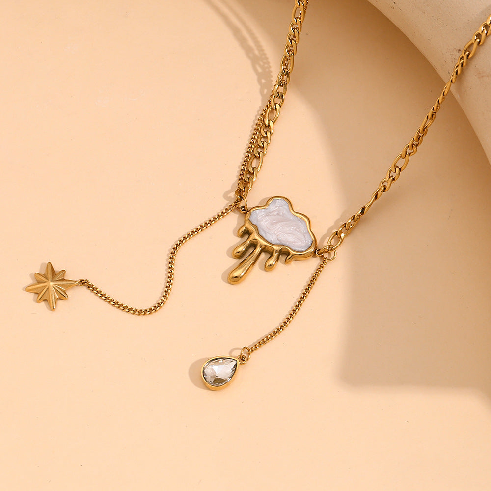 Vintage Elegant 18K Gold Plated Stainless Steel Geometric Cloud Shell Tassel Double Layer Necklace for Women