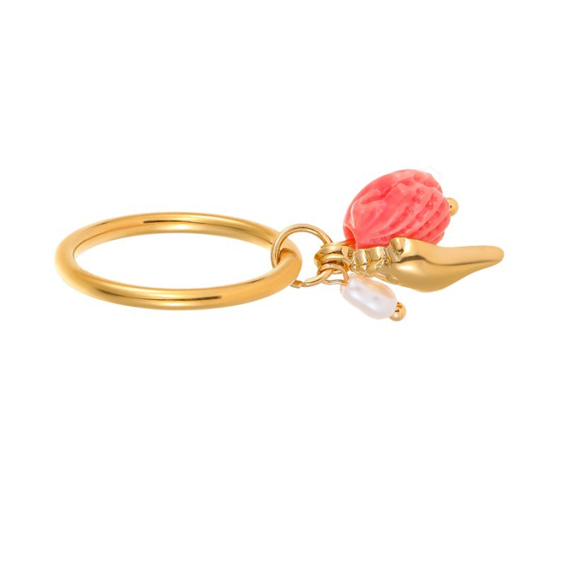 Anillo minimalista de acero inoxidable con forma de concha y acabado chapado para mujer