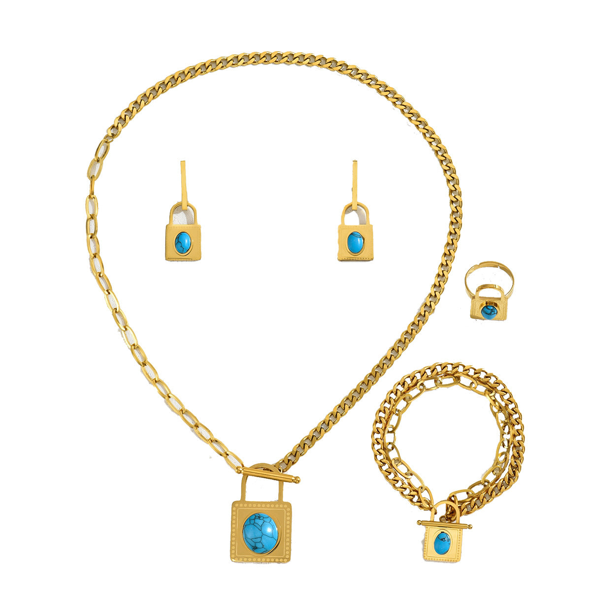 Conjunto de collar, aretes y pulsera con incrustaciones de turquesa en forma de candado para mujer, estilo hip hop minimalista