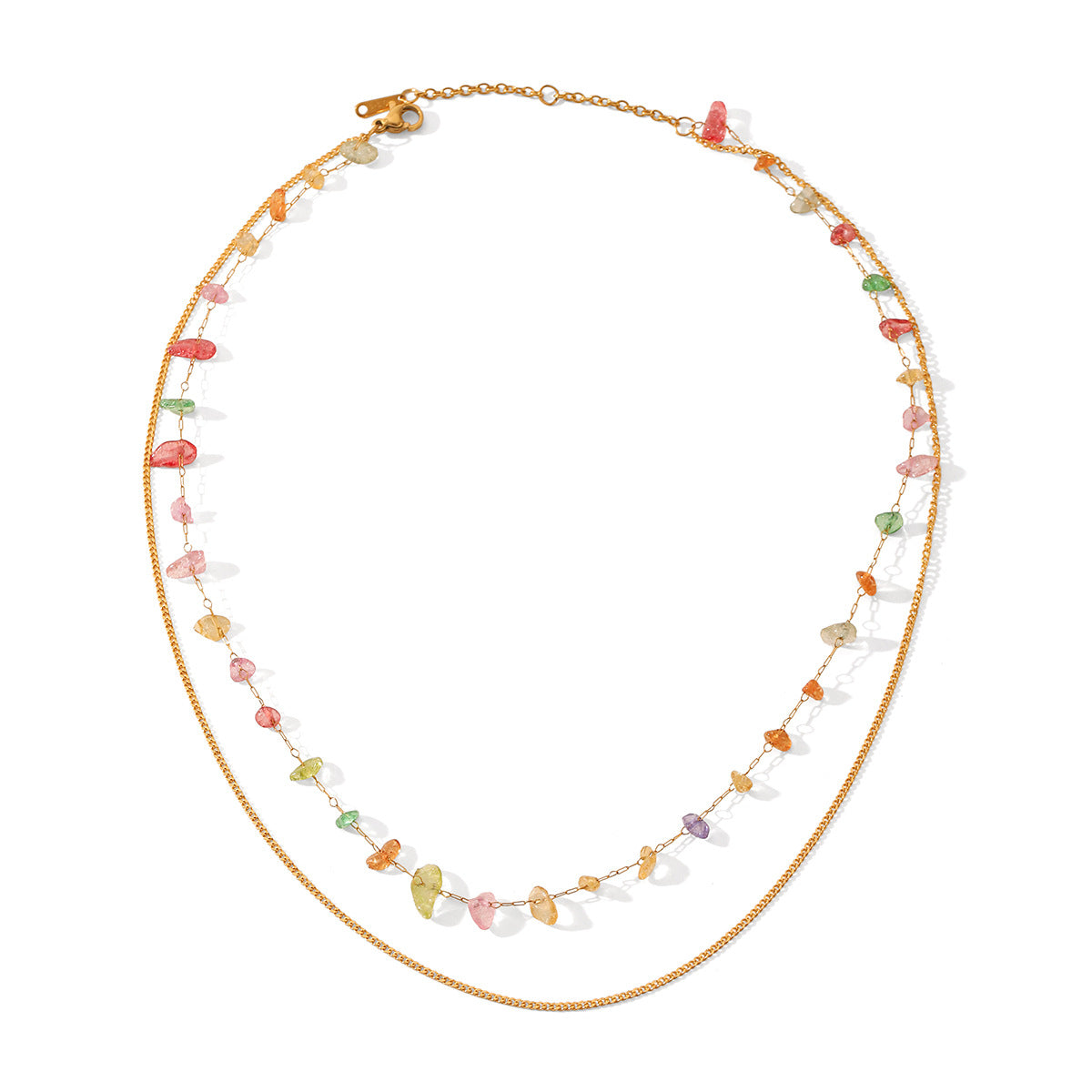 Minimalist Geometric Stainless Steel Plated Double-Layer Clavicle Necklace with Colorful Natural Stone Inlay
