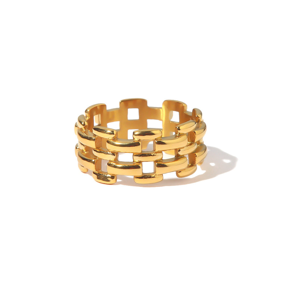 INS Style Geometric Hollow Titanium Steel Ring with 18K Gold Plated Finish for Women, Stainless Steel Band, Hypoallergenic Luxury Fashion Ring