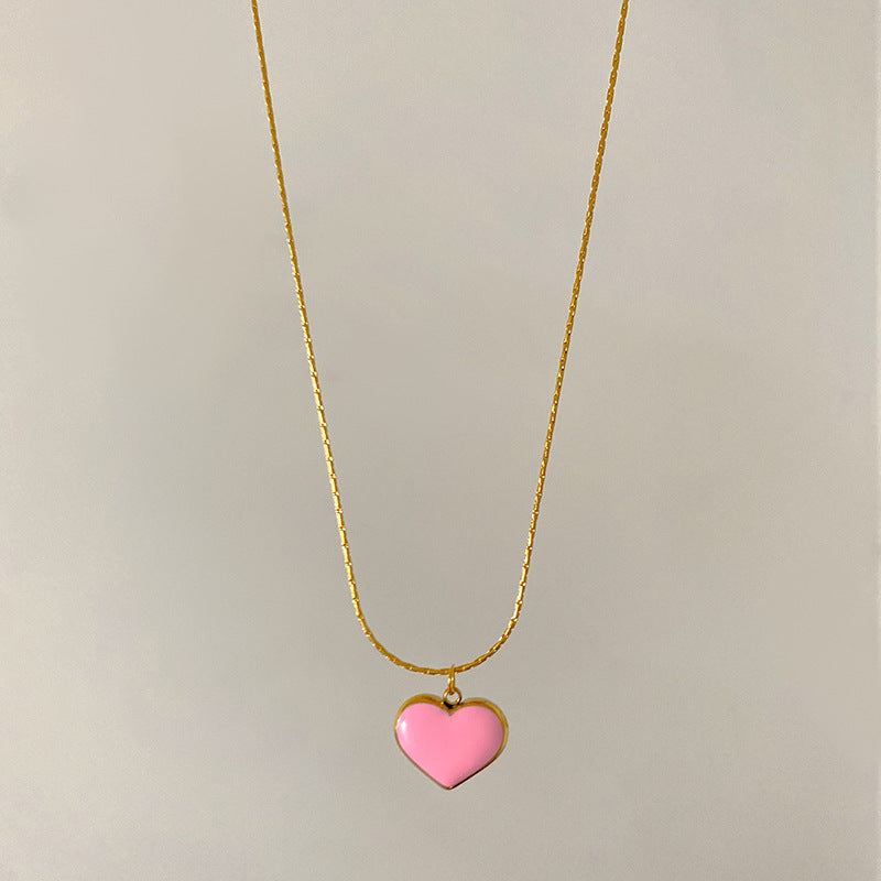 Sweet Streetwear Pink Blue Two-Tone Heart Titanium Steel Plated Necklace for Unisex