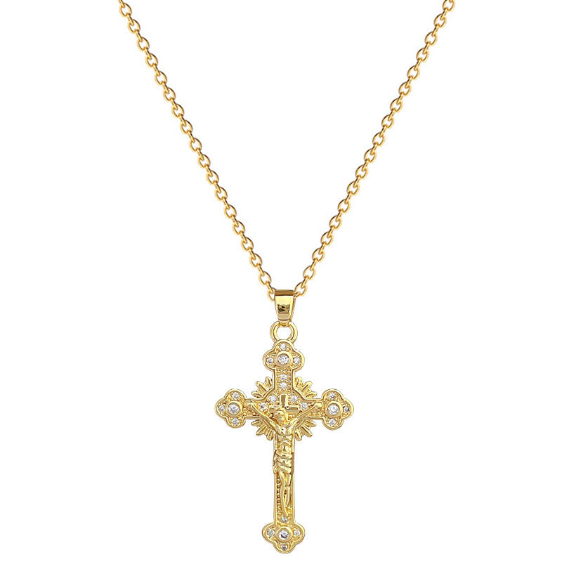 Collana minimalista con ciondolo a croce e intarsio di zirconi su catena in acciaio al titanio per donna e uomo