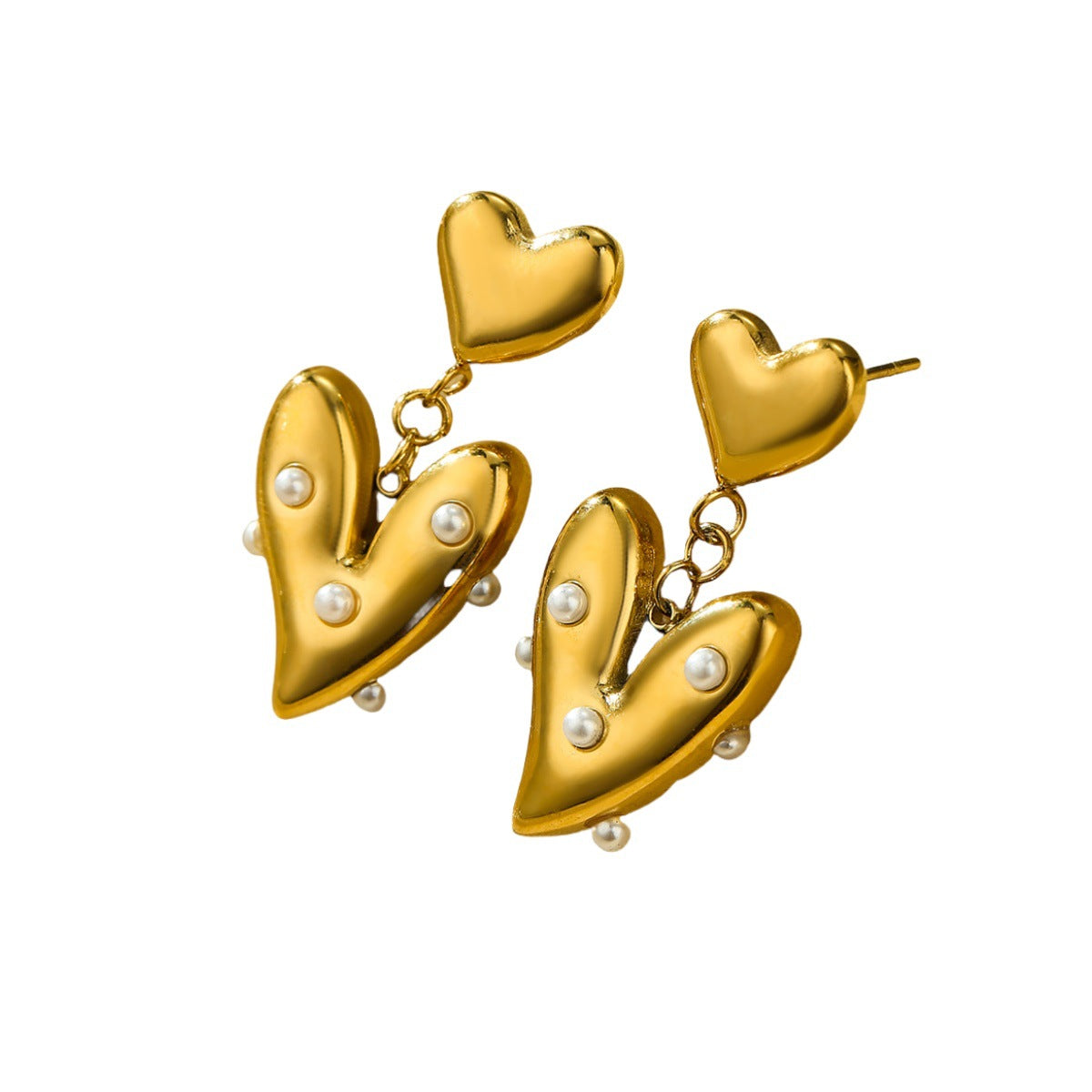 Fashionable Geometric Glossy Heart-Shaped Stainless Steel Earrings with Pearl Inlay for Women