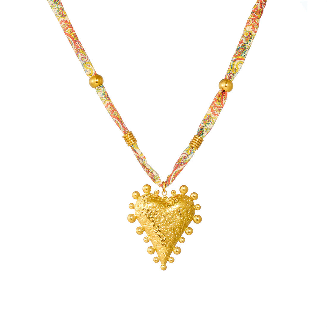 Vintage Elegant Gold Plated Stainless Steel Heart Pendant Necklace with Floral Ribbon and Beads