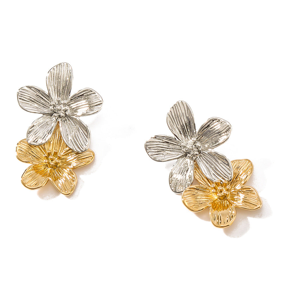 Vintage French Style Floral Stainless Steel Earrings with 18K Gold Plating and Premium Design