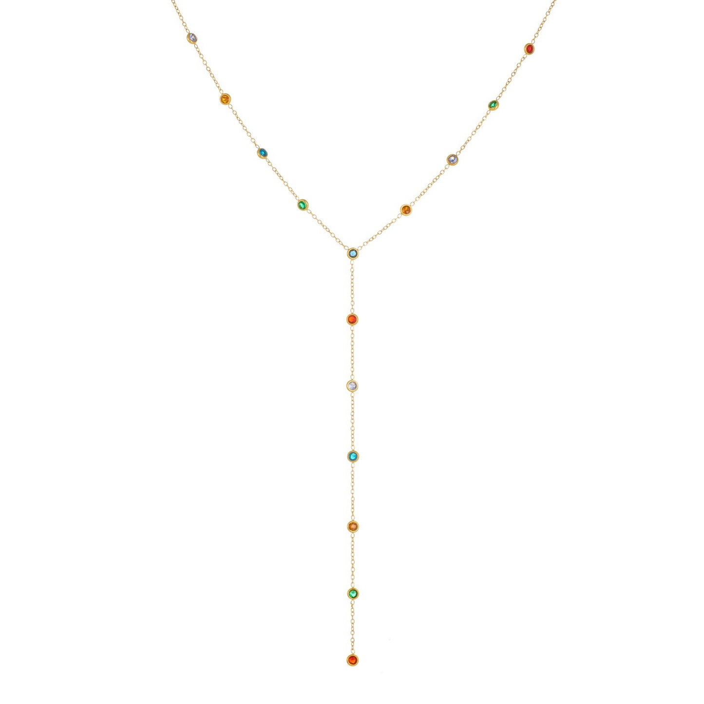 Minimalist Gold Plated Round Rhinestone Inlay Stainless Steel Y-Shape Necklace for Women