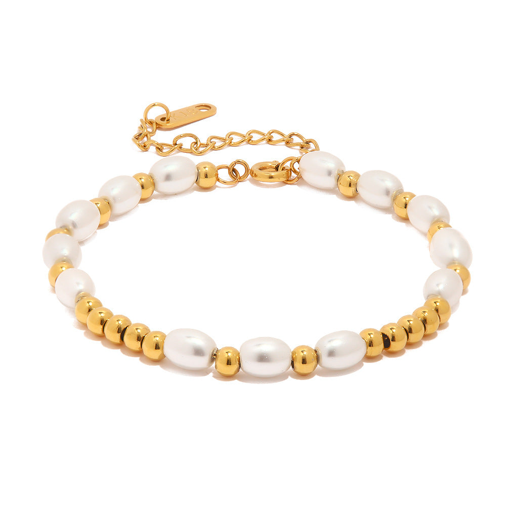Bracciale da donna in acciaio inossidabile placcato in oro 18 carati, stile geometrico, con cerchio, perle di vetro e perline Miyuki. Gioielli di moda.