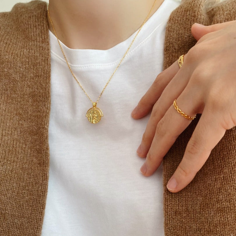 Elegant Minimalist Oval Pendant Necklace in 925 Sterling Silver with Character Design on Beaded Chain