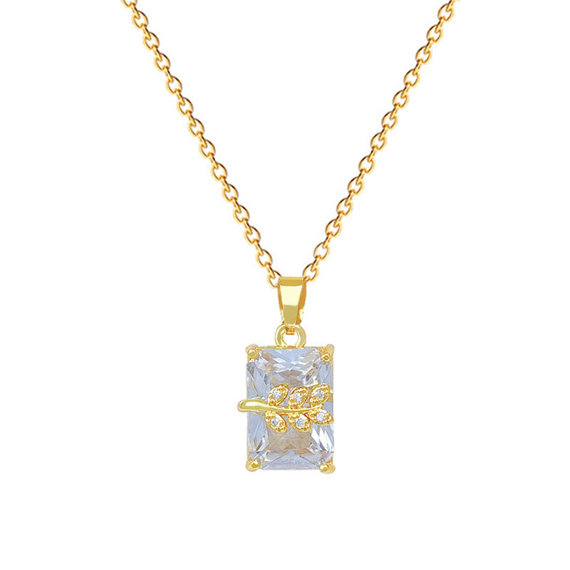 Sweet Rectangle Leaf Plant Rhinestone Inlay Titanium Steel Necklace for Unisex