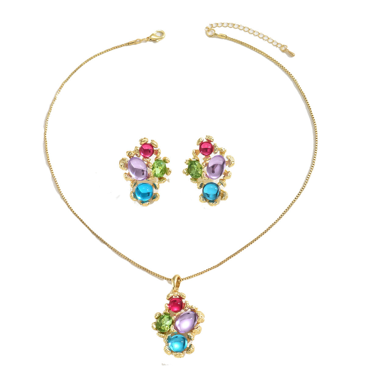 Conjunto de collar largo y pendientes minimalistas para mujer con colgante geométrico, cadena de cobre, gemas artificiales incrustadas
