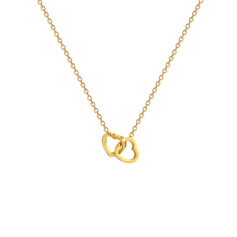 Sweet 18K Gold Plated Double Ring Heart Titanium Steel Necklace for Women