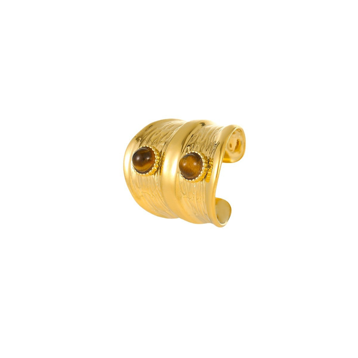 Anillo minimalista ajustable de banda ancha de acero inoxidable texturizado con dos piedras de ojo de tigre