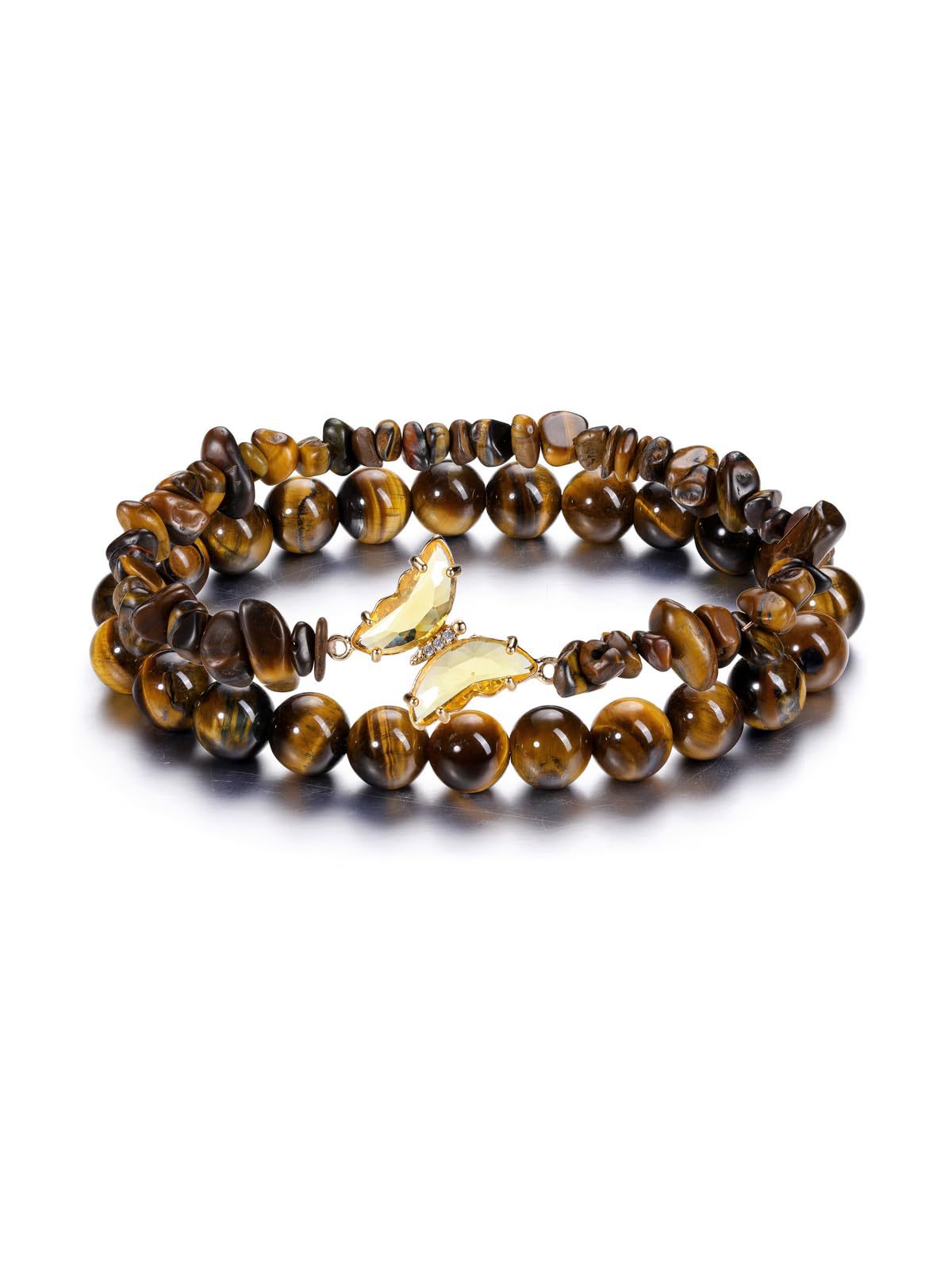 Minimalist Natural Amethyst and White Cat's Eye Crystal Chip Beaded Bracelet with Butterfly Charm for Women