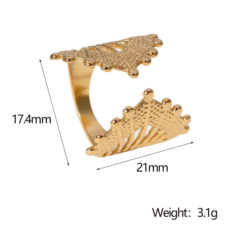 Vintage Geometric Fan-Shaped Hollow Stainless Steel Adjustable Open Ring for Women