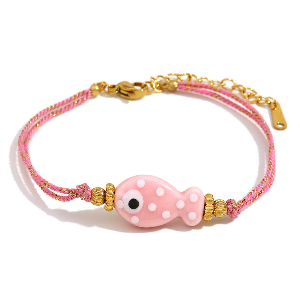 Bracciale da donna in corda intrecciata color oro, placcato in oro 18 carati, stile OL alla moda, a forma di pesce
